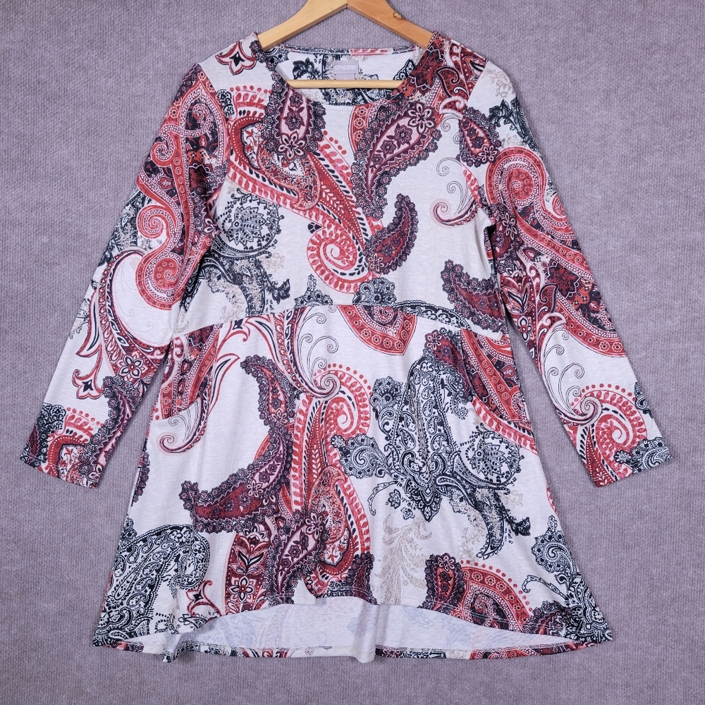 Chico's Tunic Top Womens Small Red and Black Paisley Long Sleeve Blouse